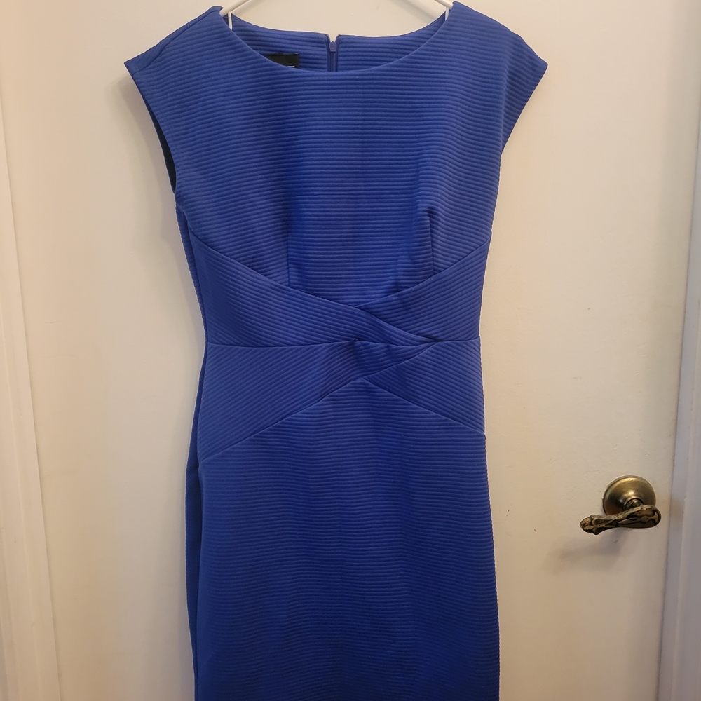 AGB Blue Sheath Dress with Bateau Neckline and Cap Sleeves